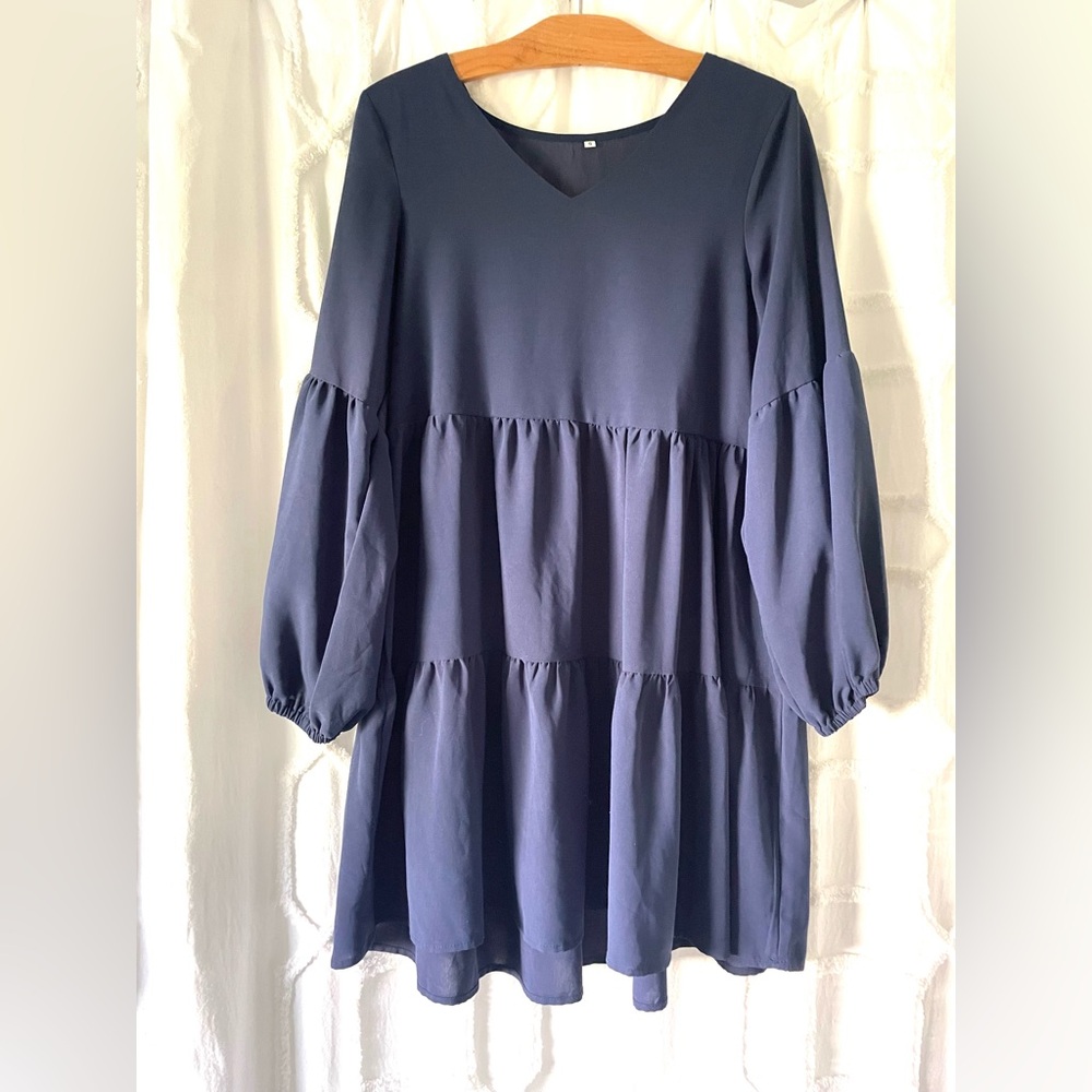 Tiered V-Neck Babydoll Dress in Deep Navy
